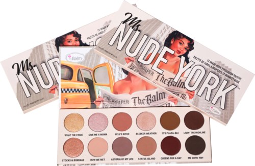 En makeup-palette med ni nuancer, navne, og to bokse med tekst og billeder på omslaget.