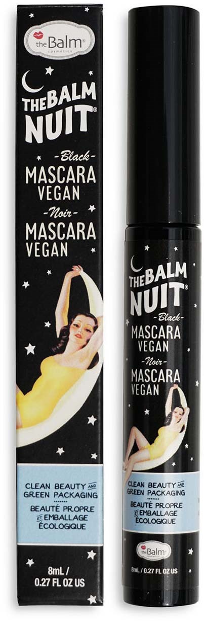 Sort mascara rør med en kvinde, der ligger på en måne, logo og tekst om vegan og miljøvenlig mascara.