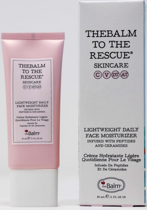 Lyserød flaske og æske mærket 'The Balm to the Rescue' ansigtscreme med peptider og ceramider.