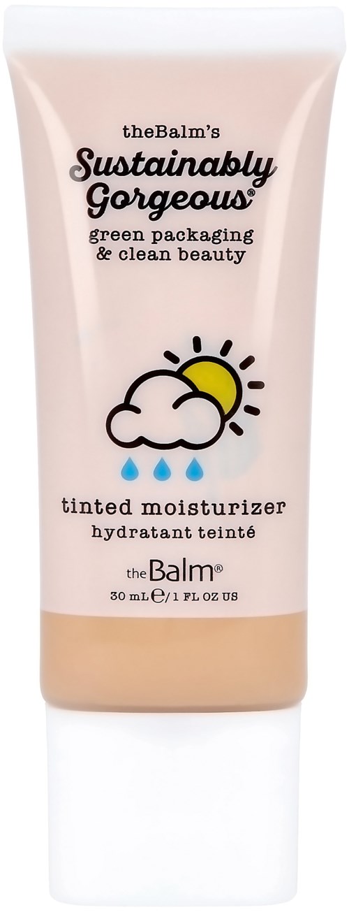 En beige och vit tub med tinted moisturizer, sol- och molnikon, och grön förpackningstext.