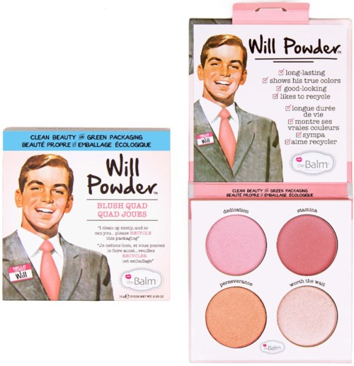 Ein Make-up-Palette mit vier verschiedenen Rouge-Farben und einem großen Vintage-Stil-Männerbild.