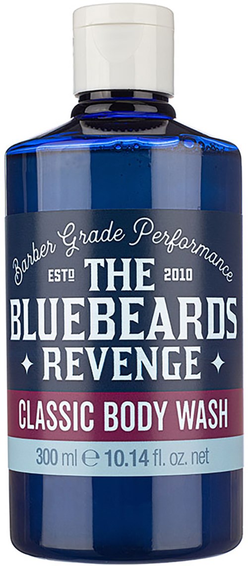 A blue bottle of body wash labeled 'The Bluebeards Revenge, Classic Body Wash, 300ml, 10.14 fl oz.' with white and pink accents.