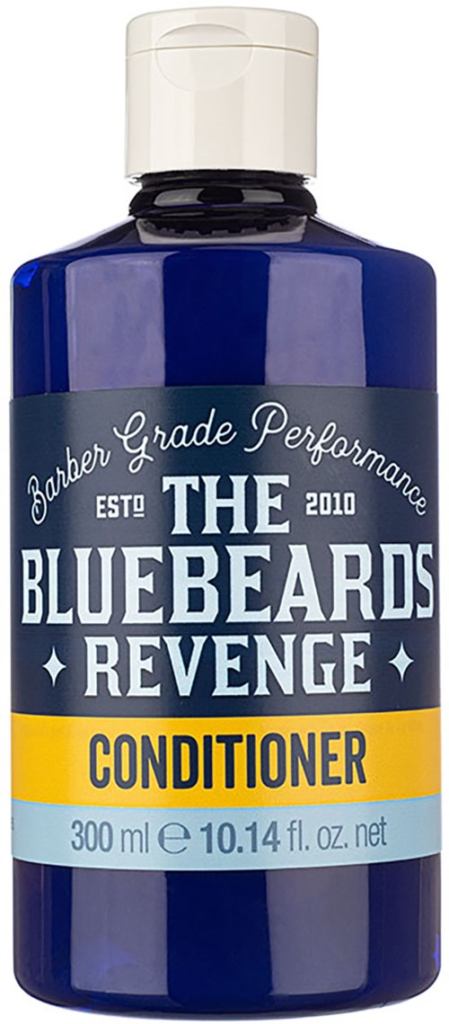 A blue bottle of hair conditioner with a white cap, labeled "The Bluebeards Revenge" and "Conditioner".