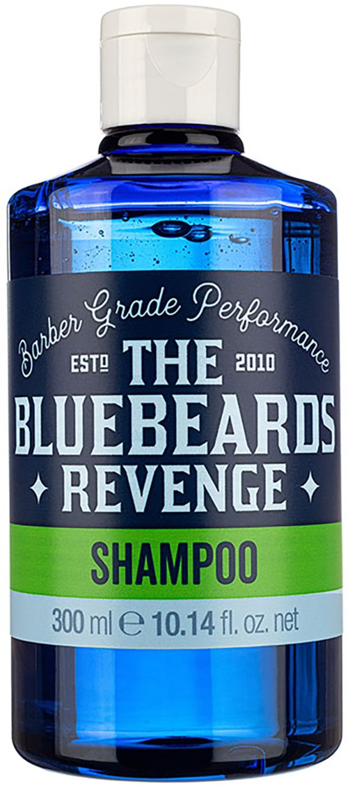 A blue shampoo bottle with a white cap, label shows the brand "Bluebeards Revenge" and size 300ml.