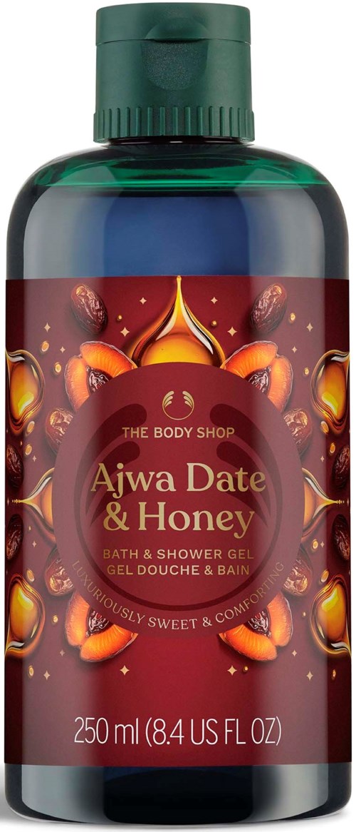 Dunkle Flasche mit grünem Deckel, Label für Ajwa Date & Honey Bade- und Duschgel mit Dattel- und Honigsymbolen.