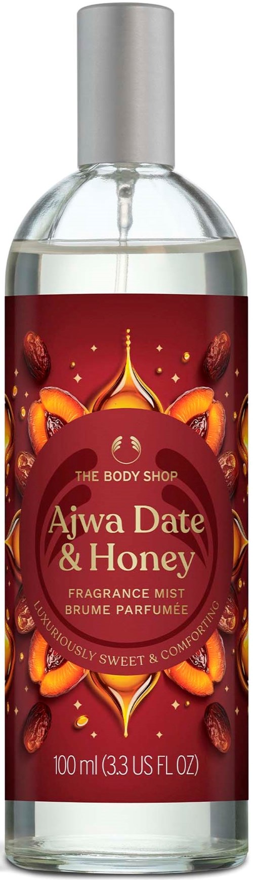 Ein Duftnebel mit der Aufschrift Ajwa Date & Honey, mit roten und goldenen Dekorationen, enthält 100 ml.