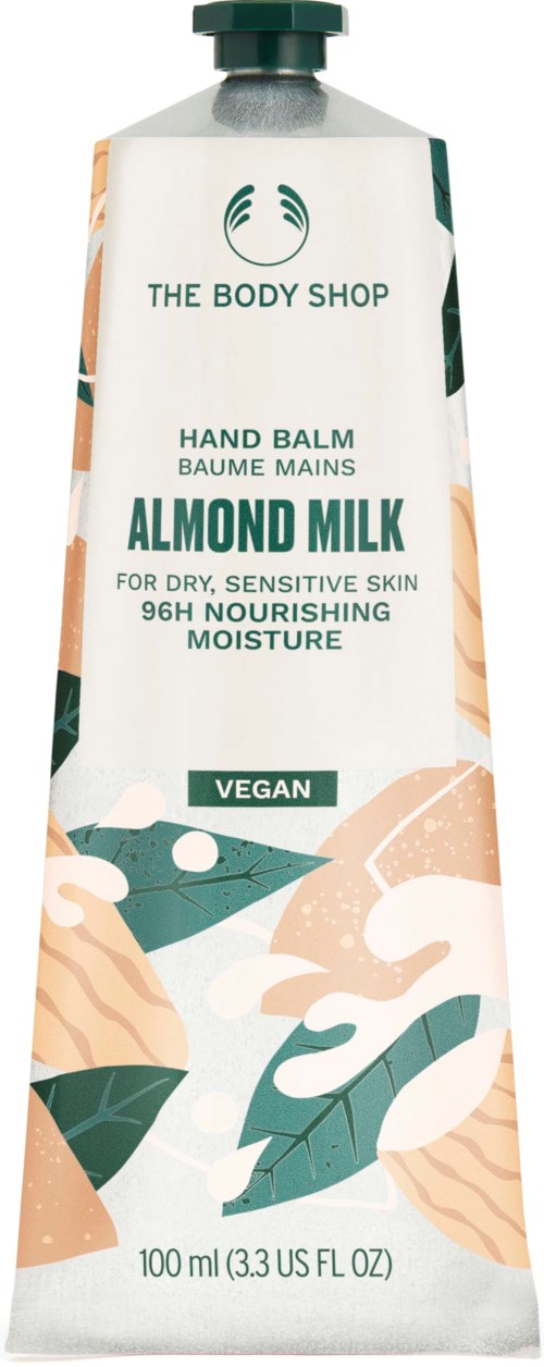A tube of almond milk hand balm from The Body Shop, for dry, sensitive skin, vegan, 100ml size.