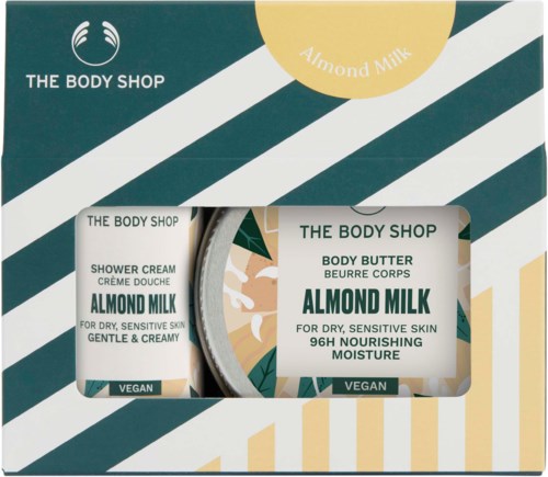 Box with almond milk shower cream and body butter for sensitive skin, vegan, hydrating, 96 hours moisture.