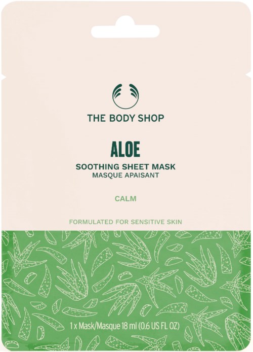 En emballasje for en beroligende arkmaske med tittelen 'Aloe' fra The Body Shop, med en grønn aloeplante-design nederst.