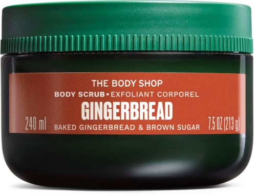 Green jar of Gingerbread body scrub with red label and white text from The Body Shop.