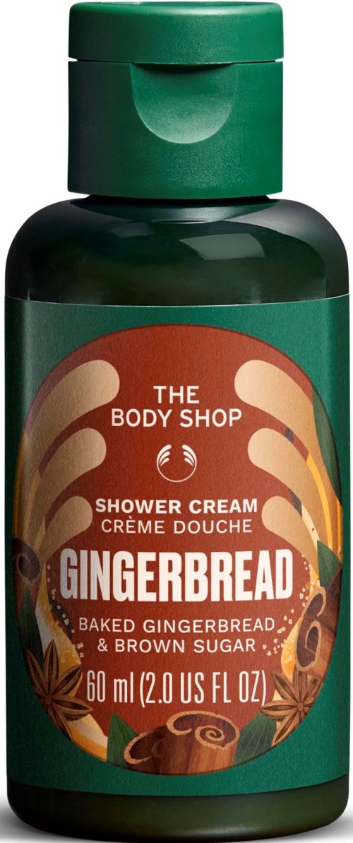 Dusjsåpeflaske med ingefærbrød og krydderillustrasjon, The Body Shop-merke, 60 ml størrelse.
