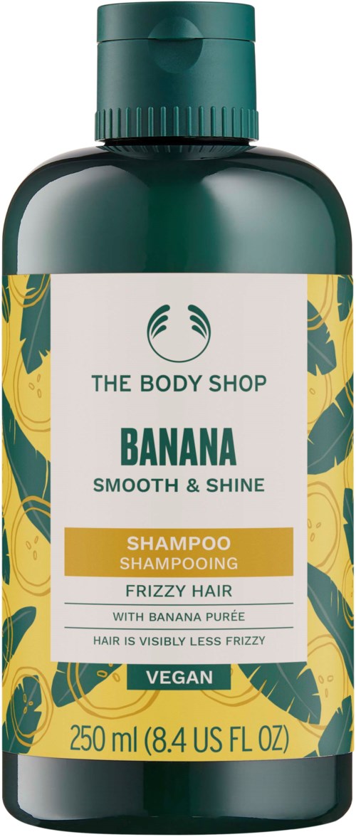 Shampoopullo banaanilta tuoksuville kiharatilalle, vegaani, 250 ml, suunniteltu The Body Shop.