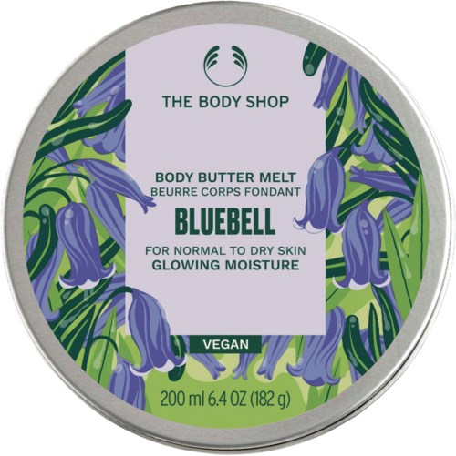 The label shows a bluebell flower design and mentions vegan bluebell body butter from The Body Shop, good for normal skin.