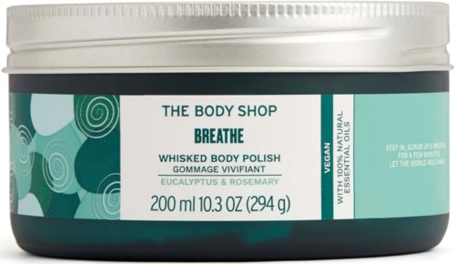 A teal and white jar of body polish with eucalyptus and rosemary, labeled vegan and natural essential oils, 200 ml.