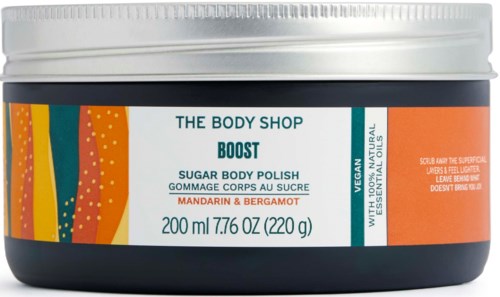 Vegan sugar body polish with mandarin and bergamot, 200 ml, for smooth skin, from The Body Shop.