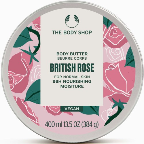Kosmetiikkapurkki, jossa on pinkkejä ruusuja ja vihreitä lehtiä, merkitty vegaaniseksi British Rose -vartalaiseksivoiteeksi, 400 ml.