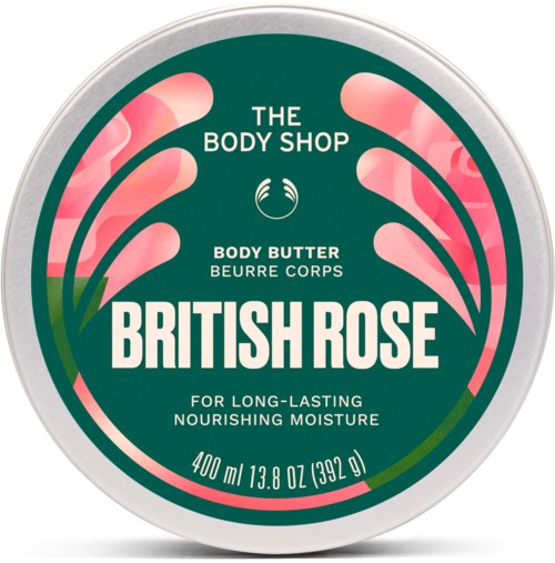 De Body Shop British Rose bodyboter container met roze rozenillustraties en groene achtergrond.