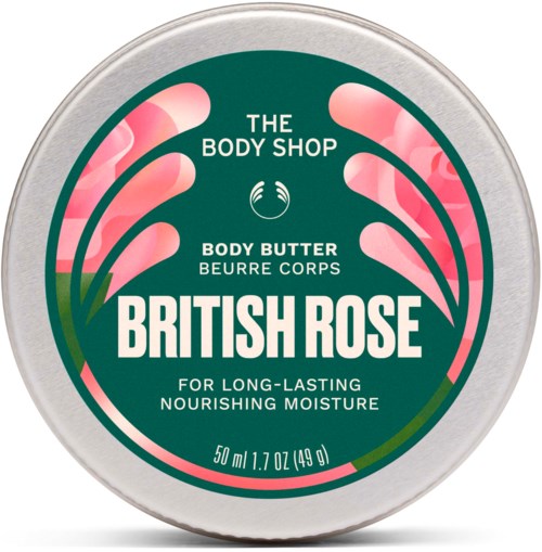 En rund beholder med kroppssmør med grønn etikett og rosa roser, merket British Rose, fra The Body Shop.