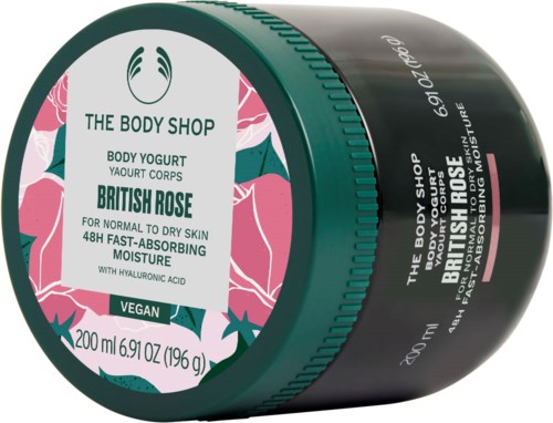 Słoik jogurtu do ciała od The Body Shop z zielonym i różowym kwiatowym wzorem, British Rose, do suchej skóry.