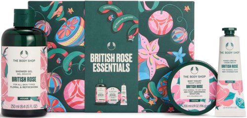 British Rose Essentials presentset med blommig förpackning, innehåller duschgel, kroppslotion och kräm från The Body Shop.