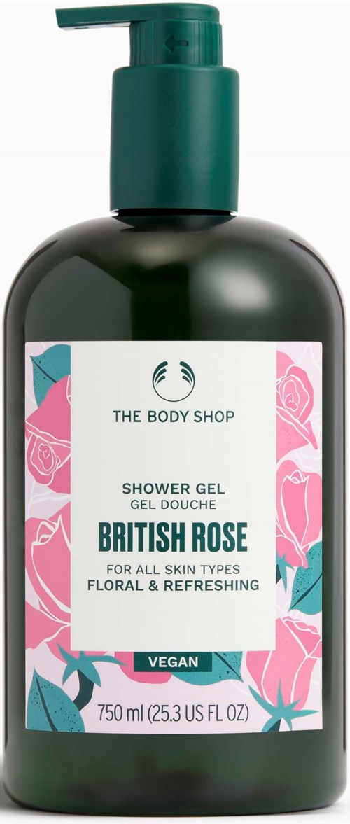 Mustan pullon, jossa vihreä pumppausa, British Rose suihgelin merkki The Body Shop, sopii kaikille ihotyypeille.