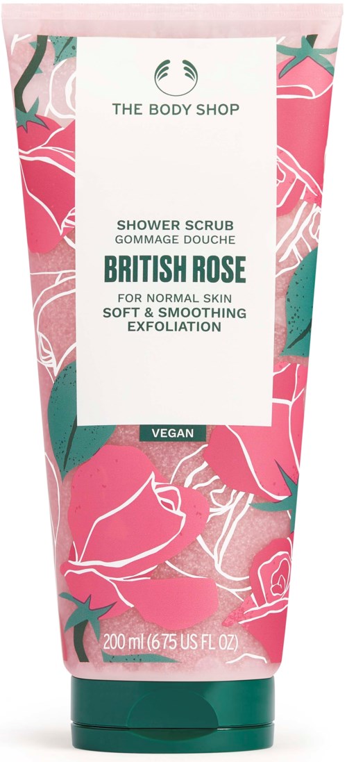 Pink and green floral design with a label for The Body Shop British Rose shower scrub, vegan, 200ml.