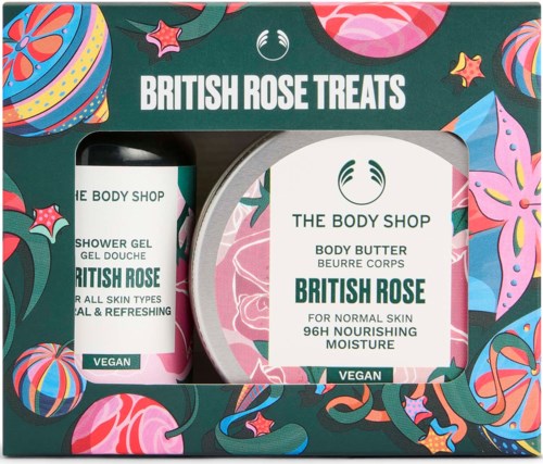 British Rose Treats set med showergel och body butter, med blommönstrad och färgglad förpackning.