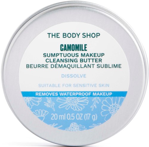 Der Deckel zeigt ein Label für The Body Shop Camomile Reinigungsbutter, die wasserfestes Make-up entfernt.