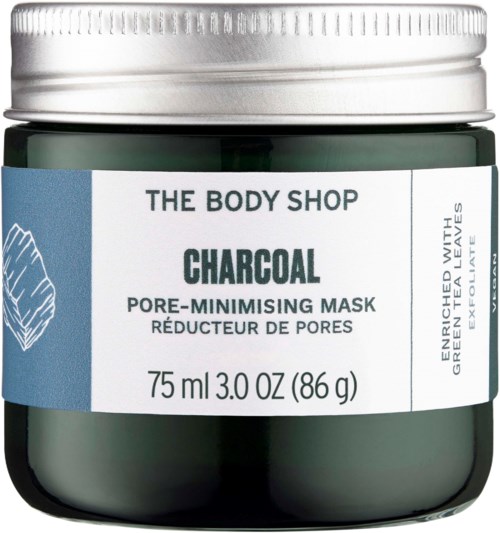 Grön burk med silverlock, märkt The Body Shop Charcoal Pore-Minimising Mask, 75 ml.