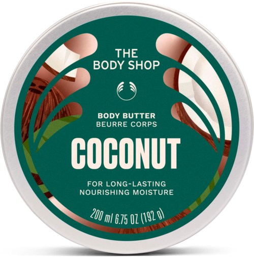 Round beholder med grønn etikett med kokosillustrasjon, The Body Shop-logo og tekst om nærende kokos-kroppsmør.