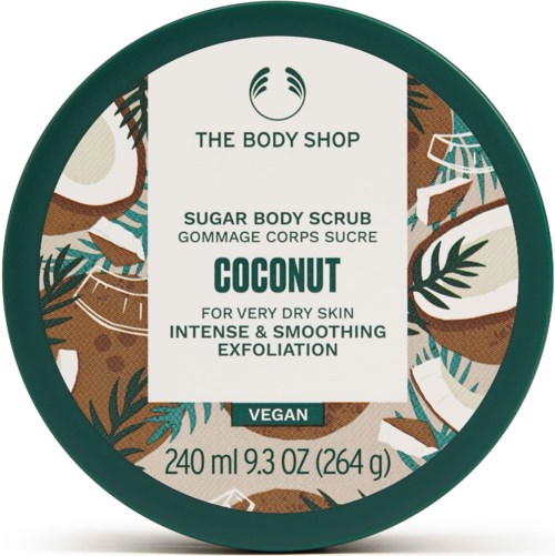 Een ronde container met kokosbloesemsuiker lichaamscrème, tropisch bladontwerp, vegan en 240 ml.