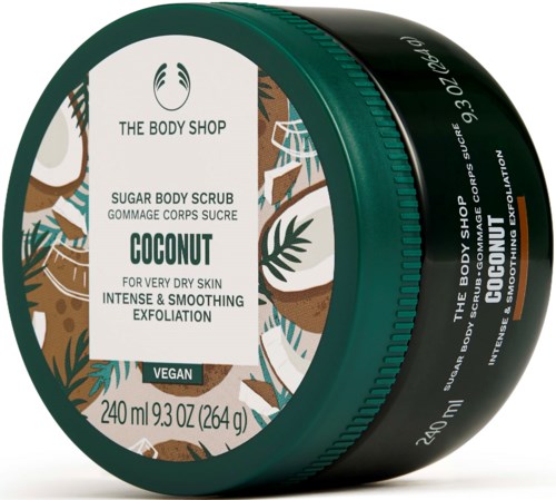 Dit is een kokos-suiker lichaamspeeling met tropische bladontwerpen, veganistisch label, 240 ml van The Body Shop.