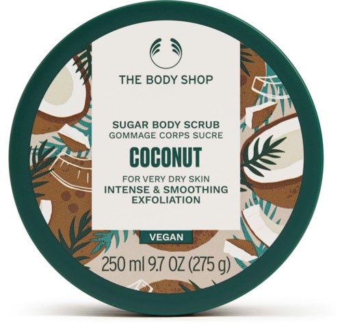 En behållare av The Body Shop kokosnöts skrubb för torr hud, märkt vegan. Innehåller 250 ml produkt.