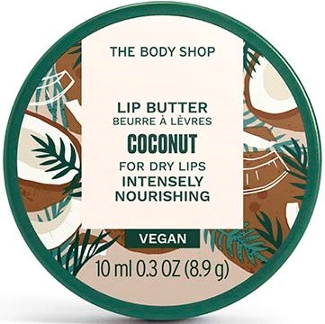 Cirkulär etikett med grönt kant, om vegan kokosläppbalsam från The Body Shop, 10 ml storlek.