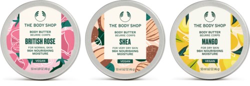 Tre burkar med body butter från The Body Shop i olika dofter: British Rose, Shea och Mango.