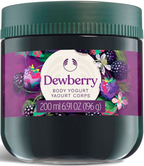 En mörk burk med lila etikett och grönt lock, med bär och blommor, märkt Dewberry kroppsyogurt.