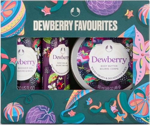 Dewberry Favourites-presentlåda med duschgelé, handbalsam och kroppssmör, dekorerad med färgglada fruktillustrationer.
