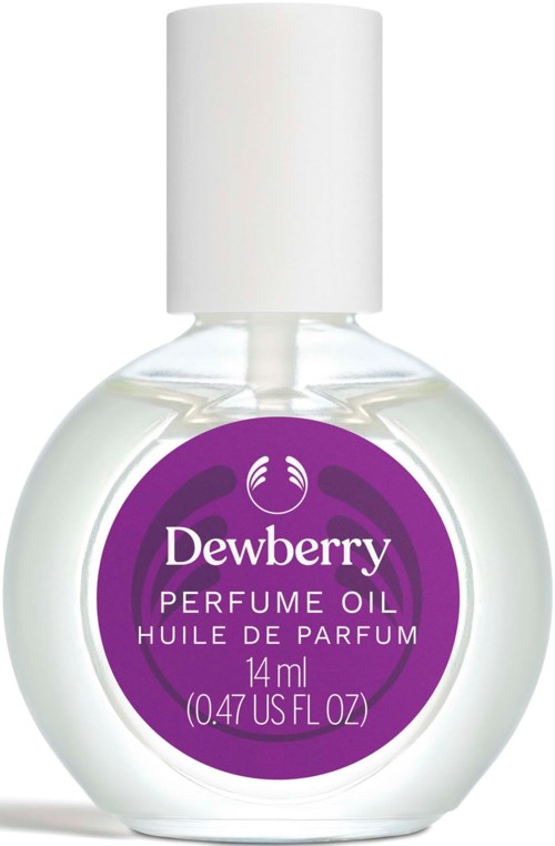 En liten gjennomsiktig flaske med hvit parfymeolje og en lilla etikett som sier Dewberry parfymeolje.