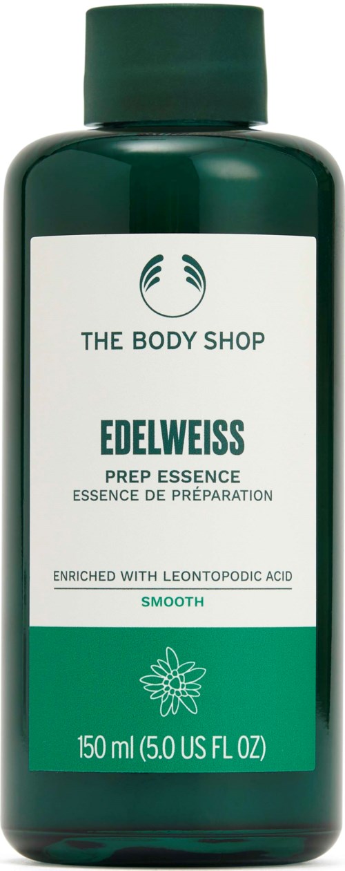 Green bottle of The Body Shop Edelweiss prep essence with a white label, size 150 ml.