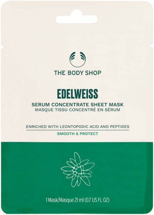Et ansiktsmaske fra The Body Shop, kalt Edelweiss, med grønne detaljer og en blomsterillustrasjon.