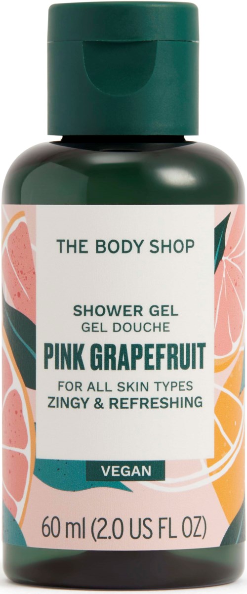 Eine grüne Flasche von Pink Grapefruit Duschgel von The Body Shop, 60 ml, für alle Hauttypen, vegan.