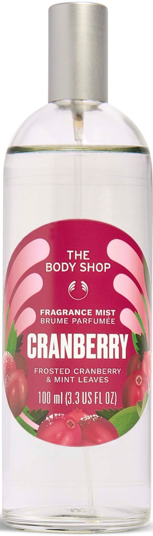 Fragrance mist with cranberry, mint leaves, and frosted cranberry aroma in a clear 100 ml bottle with pink label.