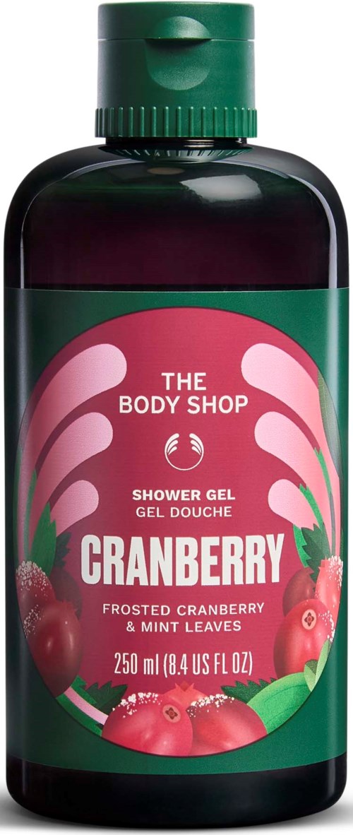 En 250 ml flaska med tranbärs- och myntadoftande duschgel från The Body Shop med grön fliplock och etikett i rosa och grönt.