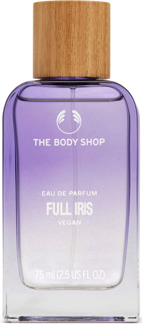 Lilla parfymeflaske med trelokk, merket 'The Body Shop Full Iris', vegan, 75 ml.