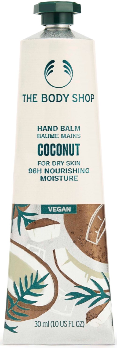 En tub handbalm med kokosdoft från The Body Shop, vegansk, för torr hud, 30 ml, med naturinspirerad design.