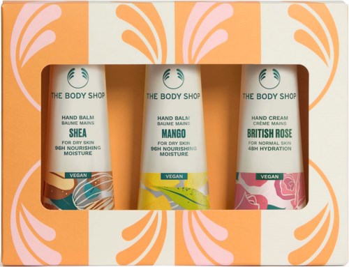Kolme The Body Shopin ihonhoitotuotteen putkia: Shea, Mango ja British Rose.