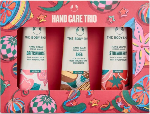 Set of three vegan hand care products: British Rose hand cream, Shea hand balm, and Strawberry hand cream in colorful packaging.