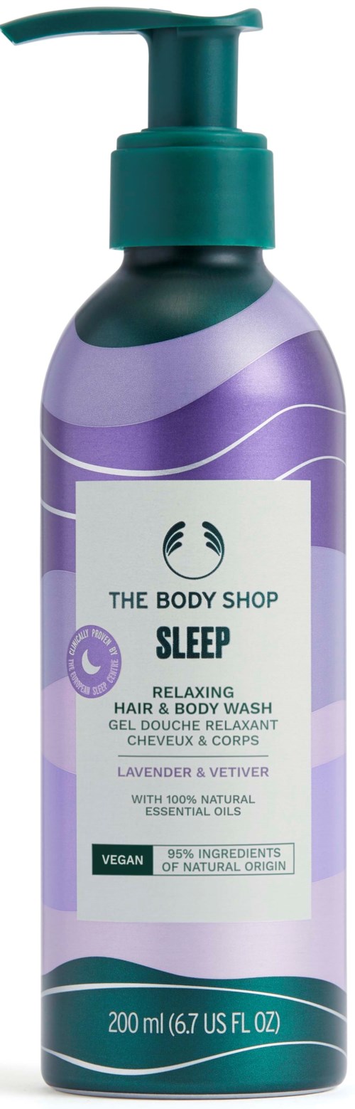 Lavendeli ja vetiveriä sisältävä vartalonpesu The Body Shopilta, tarkoitettu uneen ja rentoutukseen.