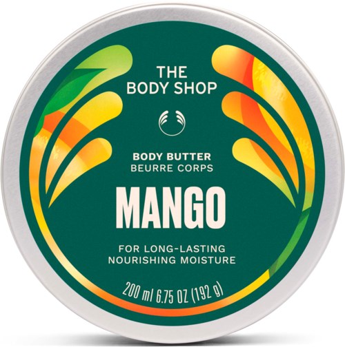 Lokk av mango-duftende kroppssmør fra The Body Shop, 200 ml, med grønne og oransje tropiske blader.