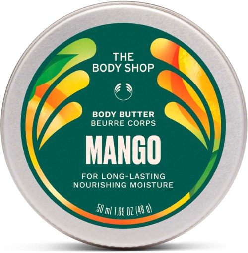 Mango duftende kroppsmør fra The Body Shop, med grønne, gule og orange designelement.